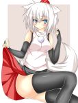  1girl animal_ears bare_shoulders black_legwear blue_eyes blush breasts bridal_gauntlets detached_sleeves hat highres inubashiri_momiji looking_away open_mouth pom_pom_(clothes) reddo9 short_hair silver_hair simple_background solo tail tokin_hat touhou white_background wolf_ears wolf_tail 