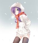  1girl aisha_(elsword) elsword hood kuro_(kuronell) purple_hair scarf snowing solo thigh-highs violet_eyes 