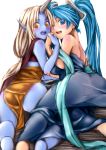  2girls ass bare_shoulders blue_dress blue_eyes blue_hair blue_skin blush breasts dress from_behind holding_hands horn large_breasts league_of_legends long_hair looking_at_viewer multicolored_hair multiple_girls neav one_eye_closed orange_eyes pointy_ears sona_buvelle soraka thigh-highs two-tone_hair very_long_hair white_hair 