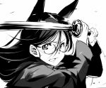  1girl animal_ears clenched_teeth fox_ears glasses greyscale holding holding_sword holding_weapon katana long_hair monochrome round_glasses simple_background solo strike_witches suwa_amaki sword uno_ichi weapon white_background 
