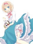 1girl alice_margatroid alternate_costume ascot basket blonde_hair bloomers blush bow frilled_skirt frills hairband long_skirt open_mouth short_hair simple_background skirt touhou tsuno_no_hito underwear white_background wrist_cuffs 