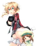  2girls baretto batsubyou blonde_hair breasts brown_hair censored cleavage error_musume hat kantai_collection large_breasts long_hair military military_uniform multiple_girls novelty_censor open_mouth panties peaked_cap prinz_eugen_(kantai_collection) school_uniform serafuku skirt skirt_pull twintails underwear uniform white_panties 