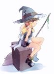  1girl adapted_costume alternate_hairstyle apron blonde_hair boots braid broom hat kirisame_marisa low_twintails profile sen1986 side_braid sitting touhou twintails witch_hat yellow_eyes 
