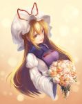  1girl blonde_hair bouquet bow bust dqn_(dqnww) dress flower hat hat_bow long_hair long_sleeves mob_cap open_mouth smile solo tabard touhou very_long_hair white_dress wide_sleeves yakumo_yukari yellow_eyes 