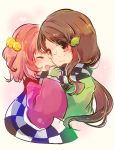  2girls bell brown_eyes brown_hair closed_eyes futatsuiwa_mamizou futatsuiwa_mamizou_(human) gloves hair_bell hair_ornament hairclip heart leaf_hair_ornament motoori_kosuzu multiple_girls open_mouth redhead scarf sen1986 shared_scarf smile touhou yuri 