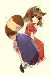  1girl animal_ears brown_eyes brown_hair cosplay dress futatsuiwa_mamizou glasses heart leaf leaf_on_head raccoon_ears raccoon_tail sen1986 tail touhou yagokoro_eirin yagokoro_eirin_(cosplay) 