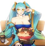  1girl bench blue_dress blue_eyes blue_hair breasts closed_eyes collarbone detached_sleeves dress hair_over_one_eye hsn4444 large_breasts league_of_legends lips long_hair looking_at_viewer mouse off_shoulder sitting sitting_on_lap sitting_on_person smile sona_buvelle teemo twintails v v_over_eye very_long_hair wide_sleeves yellow_eyes 