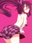  1girl ass back blush bow brown_eyes brown_hair checkered checkered_skirt hair_bow himekaidou_hatate kuresento pink_background skirt solo surprised topless touhou twintails wavy_mouth 