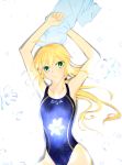  1girl absurdres blonde_hair competition_swimsuit fate/stay_night fate_(series) flower green_eyes highres lily_(flower) long_hair lying master-g one-piece_swimsuit saber swimsuit towel 