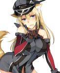  1girl animal_ears bismarck_(kantai_collection) blonde_hair blue_eyes bottomless breasts chestplate detached_sleeves dog_ears dog_tail dress gloves grey_dress hat impossible_clothes kantai_collection kemonomimi_mode kriegsmarine large_breasts long_hair looking_at_viewer military military_uniform open_mouth paw_pose peaked_cap rinarisa short_dress solo tail uniform 