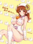  1girl 2015 arm_warmers bikini blush boots breasts brown_eyes brown_hair food fruit hat highres horns kawase_seiki large_breasts mandarin_orange new_year open_mouth original sheep sheep_horns short_hair side-tie_bikini sitting smile solo swimsuit white_bikini white_swimsuit 