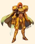  1girl adapted_costume arm_blade armor blue_eyes cape faulds full_armor helmet highres jpeg_artifacts knight metroid robert_porter samus_aran solo sword weapon 