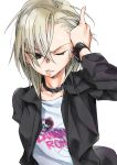  1girl adjusting_hair blonde_hair clenched_teeth collar dangan_ronpa hyakko jacket katou_haruaki looking_at_viewer makunouchi_ushio monokuma one_eye_closed open_clothes open_jacket print_shirt short_hair solo wristband 