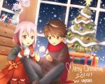  1boy 1girl blush brown_eyes brown_hair christmas_ornaments christmas_tree cup flower food gloves guilty_crown hair_ornament hairclip hot_chocolate long_hair open_mouth ouma_shuu pink_hair red_eyes rose scarf short_hair smile twintails younger yuzuriha_inori 