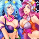  2girls alternate_costume alternate_hair_color blue_eyes breast_press breasts crop_top large_breasts league_of_legends lips lipstick long_hair looking_at_viewer makeup midriff miss_fortune multiple_girls parted_lips pink_hair sarah_fortune sona_buvelle tasselcat twintails wavy_hair 