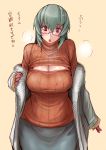  1girl :o bespectacled blush bra breasts cleavage cleavage_cutout coat curvy fur_trim glasses gloves large_breasts long_hair older open-chest_sweater redhead rozen_maiden silver_hair skirt solo suigintou sweater translation_request tsuda_nanafushi underwear 