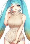  1girl alternate_costume bare_shoulders blonde_hair blue_hair breasts covering covering_crotch gradient_hair hsn4444 large_breasts league_of_legends long_hair looking_to_the_side multicolored_hair no_pants one_eye_closed panties parted_lips ribbed_sweater sleeveless sleeveless_turtleneck solo sona_buvelle sweater sweater_tug turtleneck twintails two-tone_hair underwear very_long_hair white_panties 