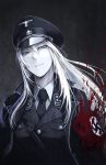  1girl armband blonde_hair blood blue_eyes hat hetza_(hellshock) long_hair looking_at_viewer military military_uniform nazi necktie original parted_lips peaked_cap solo swastika totenkopf uniform 