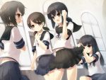  4girls bangs black_hair black_skirt blouse blue_skirt blunt_bangs blush brown_eyes brown_hair fubuki_(kantai_collection) gengetsu_chihiro hatsuyuki_(kantai_collection) highres kantai_collection long_hair low_twintails miyuki_(kantai_collection) multiple_girls neckerchief pleated_skirt ponytail sailor_collar school_uniform serafuku shirayuki_(kantai_collection) short_hair short_ponytail skirt skirt_lift smile twintails 