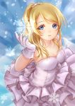  1girl ayase_eli bare_shoulders blonde_hair blue_eyes blush breasts cleavage clouble dress frills gloves long_hair love_live!_school_idol_project open_mouth ponytail purple_dress skirt snow snowflakes snowing solo 