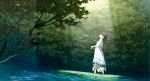  1girl absurdres bare_shoulders black_hair blue_dress dress forest highres kantoku light_rays looking_at_viewer nature one_side_up original outdoors scan scrunchie shizuku_(kantoku) solo sunlight tree violet_eyes wading water white_dress 