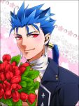  animal_ears blue_hair bouquet cat_ears earrings fate/stay_night fate_(series) flower jewelry kemonomimi_mode lancer long_hair mazaki_kei ponytail red_eyes slit_pupils solo 