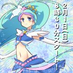  1girl blue blue_background blue_eyes blue_hair commentary_request crop_top cure_mermaid elbow_gloves expressionless gloves go!_princess_precure kaidou_minami long_hair magical_girl midriff multicolored_hair navel outstretched_arms precure purple_hair skirt solo sparkle spread_arms streaked_hair teio translated two-tone_hair white_gloves 