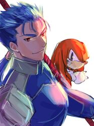  1boy blue_hair crossover cu_chulainn_(fate)_(all) earrings fate/stay_night fate_(series) gae_bolg jewelry kanna_nobutoshi knuckles_the_echidna kona_(mmm3608) lancer polearm red_eyes seiyuu_connection sonic_the_hedgehog spear weapon 