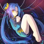  1girl barefoot blue_hair cable chinese_clothes double_bun fetal_position flower hair_flower hair_ornament hands_clasped highres kikokugai kong_ruili legs_together long_hair runliya smile solo twintails very_long_hair yellow_eyes 