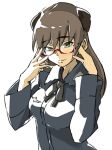 1girl animal_ears bespectacled brown_eyes brown_hair dog_ears glasses johanna_wiese long_hair long_sleeves lowres military military_uniform red-framed_glasses ribbon simple_background solo strike_witches uniform uno_ichi white_background 