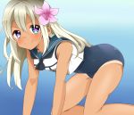  1girl all_fours blonde_hair blue_eyes crop_top flower hair_flower hair_ornament heart heart-shaped_pupils highres kantai_collection kiyo_(yamazoe1122) long_hair ro-500_(kantai_collection) sailor_collar school_swimsuit smile swimsuit symbol-shaped_pupils tan tanline u-511_(kantai_collection) 