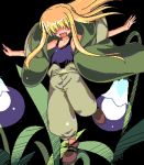  1girl blonde_hair flower hair_over_eyes isshitaira isshitaira&#039;s_hair-over-eyes_girl long_hair lowres oekaki open_mouth original outstretched_arms pants solo spread_arms 