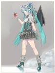  1girl apple aqua_hair artist_name blue_eyes bowtie corset food fruit gloves goggles goggles_on_head hatsune_miku headset high_heels highres kowiru long_hair mechanical_wings skirt smile solo steampunk twintails very_long_hair vocaloid wings 