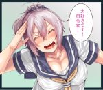  1girl ahoge aoba_(kantai_collection) blush breasts cleavage hair_ornament happy kantai_collection large_breasts miyoshi_(triple_luck) open_mouth ponytail purple_hair salute school_uniform serafuku short_hair simple_background smile solo teeth tongue translation_request 