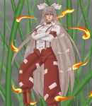  1girl bamboo bamboo_forest collar crossed_arms fire forest fujiwara_no_mokou grey_hair nature overalls pants ribbon solo touhou versapro white_hair 