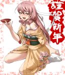  1girl akashi_(kantai_collection) alcohol blush drunk floral_print green_eyes headband japanese_clothes kantai_collection kimono long_hair looking_at_viewer minarai_zouhyou obi open_mouth payot pink_hair sakazuki sake sarashi sash sitting solo tabi wariza 