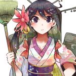  1girl akebono_(kantai_collection) bell broom floral_print flower hair_bell hair_flower hair_ornament itomugi-kun japanese_clothes kantai_collection kimono long_hair machinery obi purple_hair sash school_uniform short_kimono side_ponytail smokestack solo tasuki very_long_hair violet_eyes wa_maid yukata 