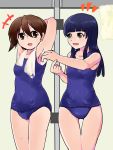  2girls arms_behind_head arms_up black_hair brown_eyes brown_hair highres long_hair miyafuji_yoshika multiple_girls muma_(glassesltuko) school_swimsuit short_hair strike_witches swimsuit towel yamakawa_michiko 