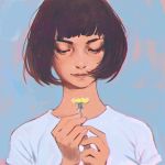 1girl blue_background blue_shirt bob_cut brown_hair bust closed_eyes face flower holding holding_flower ilya_kuvshinov lips looking_down short_hair simple_background solo solo_focus tagme 