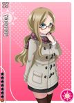  1girl artist_request blonde_hair blue_eyes blush brown_legwear card_(medium) character_name coat glasses long_hair looking_at_viewer love_live!_school_idol_festival love_live!_school_idol_project official_art plaid plaid_scarf rebecca_(love_live!) red-framed_glasses scarf smile solo thigh-highs 