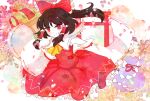  1girl ascot black_hair bow detached_sleeves floral_background floral_print flower frilled_skirt frills gohei hair_bow hair_tubes hakurei_reimu looking_to_the_side mallet owannu petals ponytail red_skirt ribbon-trimmed_sleeves ribbon_trim skirt sleeveless smile solo tagme torii touhou white_background 