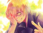  1boy ahoge grin hand_on_own_face highres necktie orange_hair piercing red_eyes sharp_teeth shirazu_ginshi short_hair smile solo tokyo_ghoul tokyo_ghoul:re 