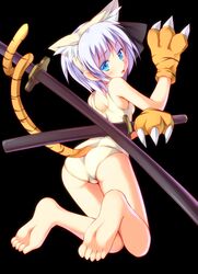  1girl alternate_costume animal_ears aqua_eyes ass barefoot black_background from_behind gennsuikyou highres konpaku_youmu looking_back one-piece_swimsuit paws school_swimsuit silver_hair soles solo swimsuit tail tiger_ears tiger_paws tiger_tail touhou white_school_swimsuit white_swimsuit 