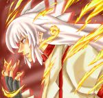  1girl collar fire fujiwara_no_mokou gloves nature overalls ribbon solo touhou versapro white_hair 