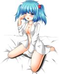  1girl blue_eyes blue_hair blush breasts cleavage collarbone hair_bobbles hair_ornament kawashiro_nitori midriff naked_shirt navel no_hat no_headwear on_bed one_eye_closed open_mouth rubbing_eyes shirt short_hair simple_background sitting sleepy solo stomach touhou twintails wariza white_shirt 