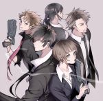  2girls 3boys ayatoki-1 black_hair brown_hair dominator_(gun) formal highres kagari_shuusei kougami_shin&#039;ya kunizuka_yayoi long_hair masaoka_tomomi multiple_boys multiple_girls necktie ponytail psycho-pass short_hair tsunemori_akane weapon 