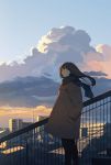  1girl brown_eyes brown_hair building city clouds coat hands_in_pockets hanno highres light_smile long_hair original power_lines profile railing scarf sky solo sunset wind 