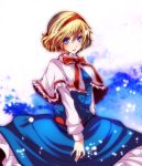  1girl alice_margatroid blonde_hair blue_dress blue_eyes capelet dress hairband highres long_sleeves looking_at_viewer s-syogo sash smile solo touhou 