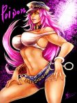  1girl black_background breasts chain character_name collar cowboy_shot cuffs cutoffs dated denim denim_shorts handcuffs hat highres impossible_clothes impossible_shirt large_breasts lips long_hair midriff navel parted_lips peaked_cap pink_hair pink_lips pink_nails poison_(final_fight) shorts signature sin_(njn1) solo street_fighter tank_top ultra_street_fighter_iv very_long_hair 