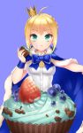  1girl ahoge blonde_hair blueberry bow cape crown cupcake eating fate/stay_night fate_(series) food food_on_face fruit green_eyes highres momoayamo saber solo strawberry 